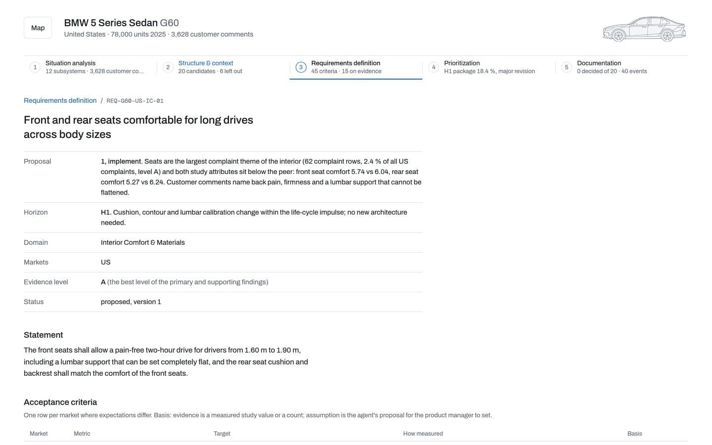 A requirement page with acceptance criteria, evidence and effort
